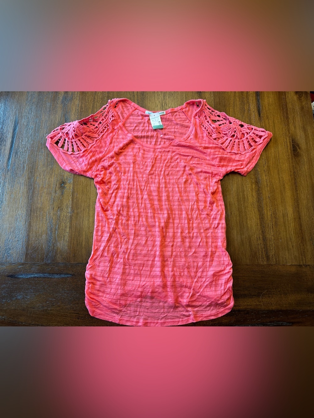 Maurices Coral Short-Sleeve Knit Top with Crochet Shoulders- size Large